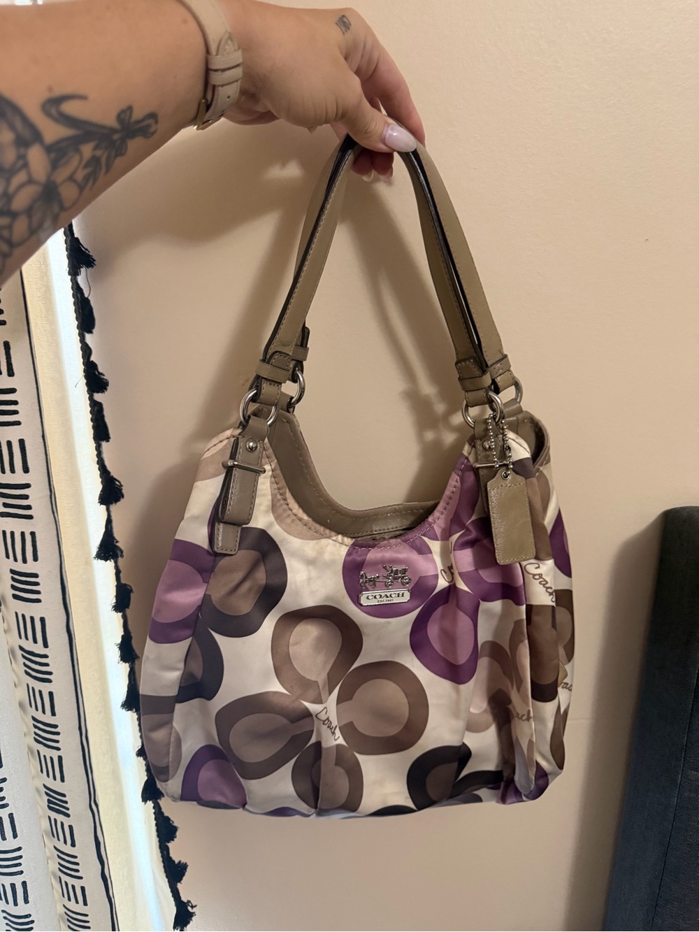 Coach Cream, Purple & Taupe Loop-Print Shoulder Bag
